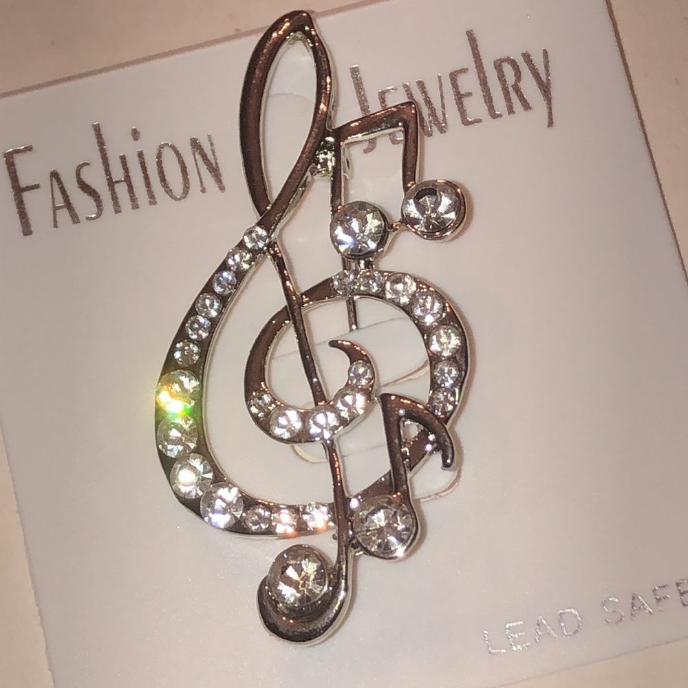 Silver Tone Crystal Rhinestone Music Note Brooch